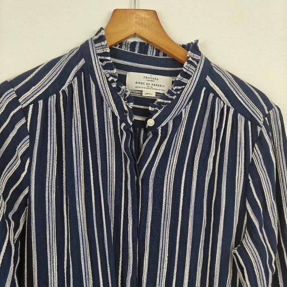 TROVATA Birds Of Paradise Striped 3/4 Sleeves Navy White Cropped Jumpsuit Small - Picture 9 of 15